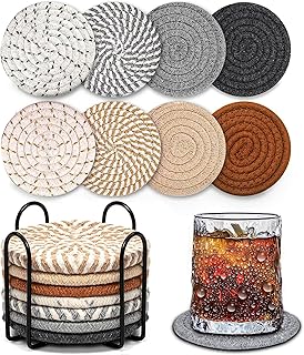 Woven Coasters Set of 8, Absorbent Drink Coasters with Holder, Boho Cotton Coffee Cup Coaster for Table, Desk, Coffee Bar, Housewarming Gift (8 Colors,4.17 Inch)