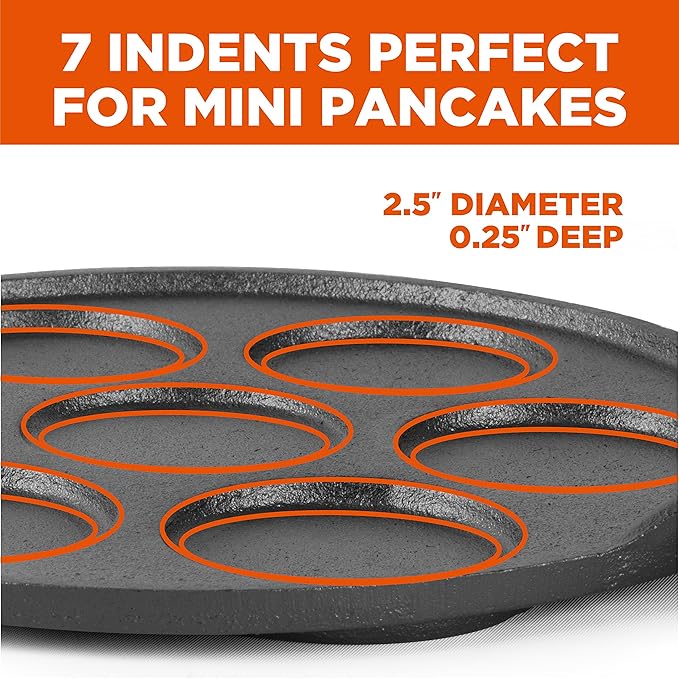 Commercial CHEF Mini Pancake Maker Pan, Pre-Seasoned Cast Iron, Plett Pan with Seven 2.5” Diameter Sections, Works on All Cooktops Including Induction, Outdoor Cookware for Grills, CHCI172