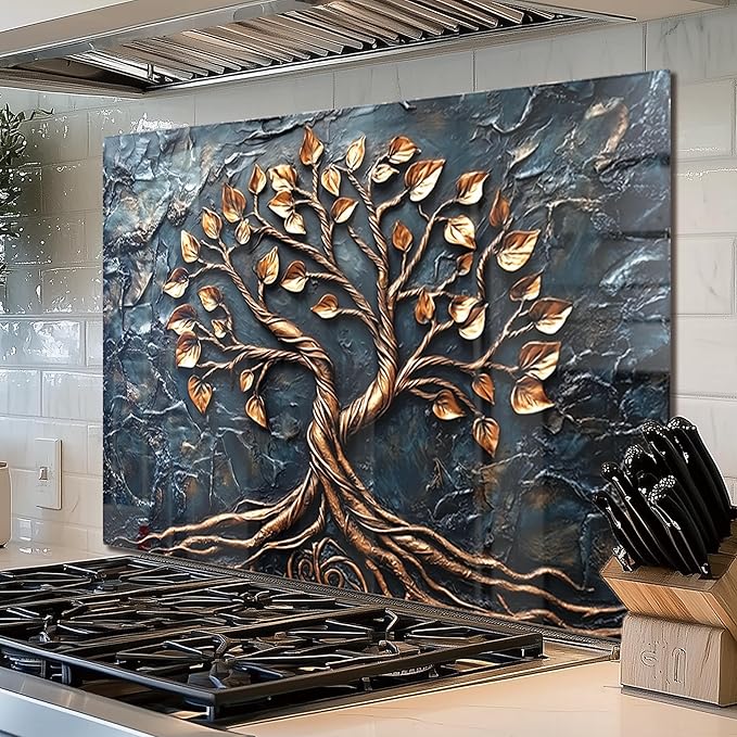 fzxwyishu Tree of Life,Tempered Glass Backsplash For Kitchen Behind Stove,Easy to Clean Kitchen Sink Cover Splash Guard, Home Kitchen Décor (grey, 30"x24"(76.2x60.96cm))