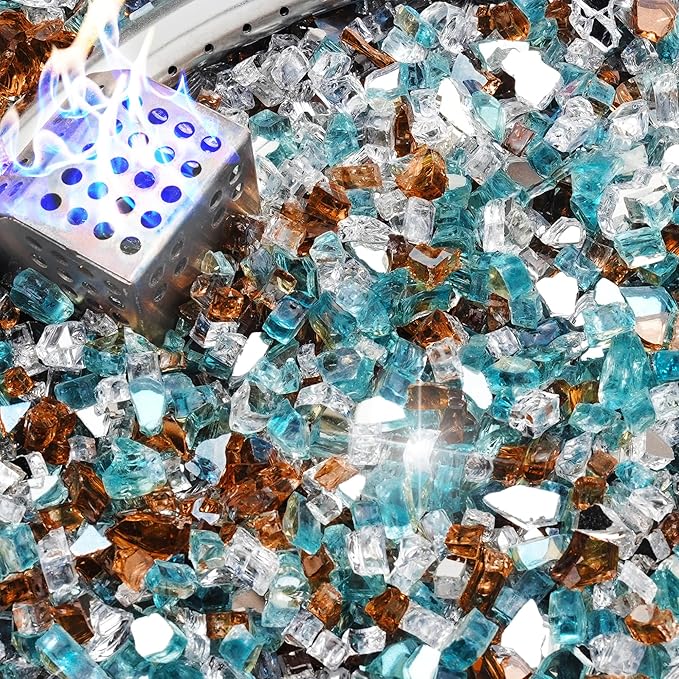 NUPICK 5 Pound Fire Glass, 1/4 Inch Reflective Fire Pit Glass, Tempered Firepit Glass Rock for Propane or Natural Gas, Glass Rocks for Fire Pit Table or Fireplace, Aqua Blue & Copper & Platinum Mix