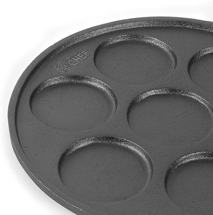 Commercial CHEF Mini Pancake Maker Pan, Pre-Seasoned Cast Iron, Plett Pan with Seven 2.5” Diameter Sections, Works on All Cooktops Including Induction, Outdoor Cookware for Grills, CHCI172