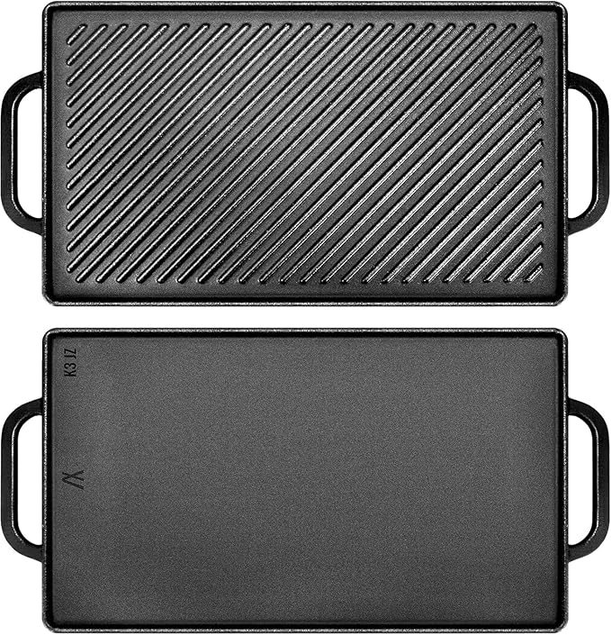 GasSaf Cast Iron Griddle 15x9 Inch, Reversible Double-Sided 2-in-1 Griddle Plate for Two Burners Stovetop, Outdoor Grills and Camping Setups, Cast Iron Grill Pan with Flat & Ribbed Plates