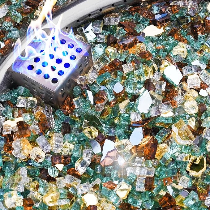 NUPICK 20 Pound Fire Glass, 1/4 Inch Reflective Fire Pit Glass, Tempered Firepit Glass Rock for Propane or Natural Gas, Glass Rocks for Fire Pit Table or Fireplace, Gold & Green & Copper Mix