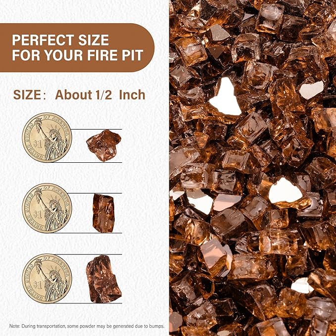 NUPICK 10 Pound Fire Glass, 1/2 Inch Reflective Fire Pit Glass, Tempered Firepit Glass Rock for Propane or Natural Gas, Glass Rocks for Fire Pit Table, Fireplace Glass for Landscaping, Copper