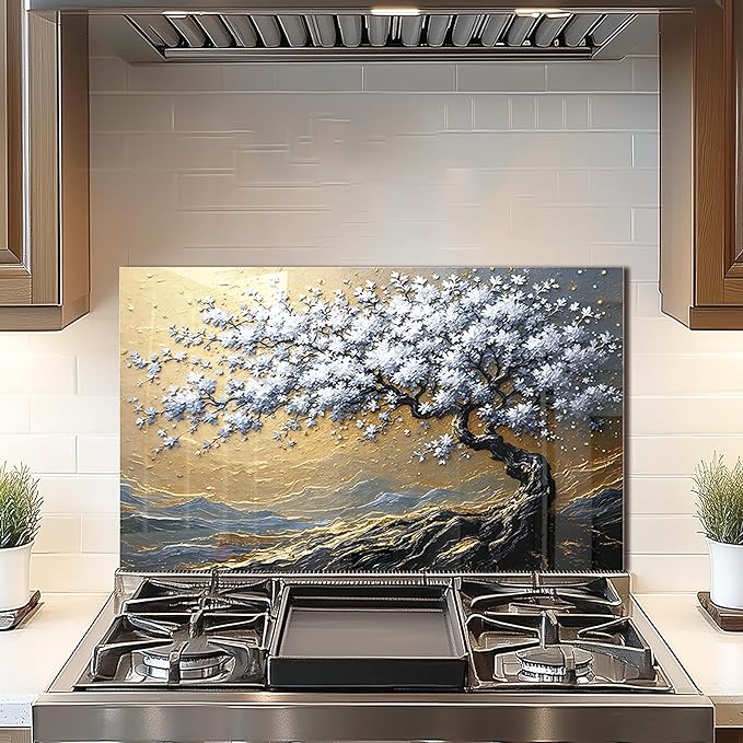 DAIFURONGE Tempered Glass Backsplash for Kitchen, Tree of Life Art Stove Backsplash Protector - Easy to Clean Wall Decor (Art Deco 4, 30"x18"(76.2x45.72cm))