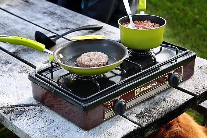 Koblenz PFK-200A 2 Burner Propane Stove, 8,000 BTU Portable Cooktop, Porcelain Cover, Manual Ignition, LP Gas, Camping Stoves for Outdoor, Tailgating, Cookouts, Bronze