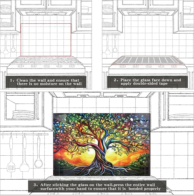 fzxwyishu Tree of Life,Tempered Glass Backsplash For Kitchen Behind Stove,Easy to Clean Kitchen Sink Cover Splash Guard, Home Kitchen Décor (color, 30"x14"(76.2x35.56cm))