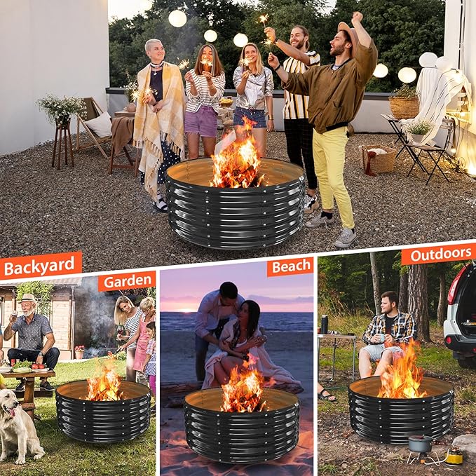 YSEJOMP 40 Inch Round Galvanized Fire Pit Ring/Fire Ring - Foldable and Perfect for Outdoor Gatherings and Campfires in The Yard/Garden/Park/Beach (Black+Gray, 3.3 FT Diameter+1.5 FT Tall)