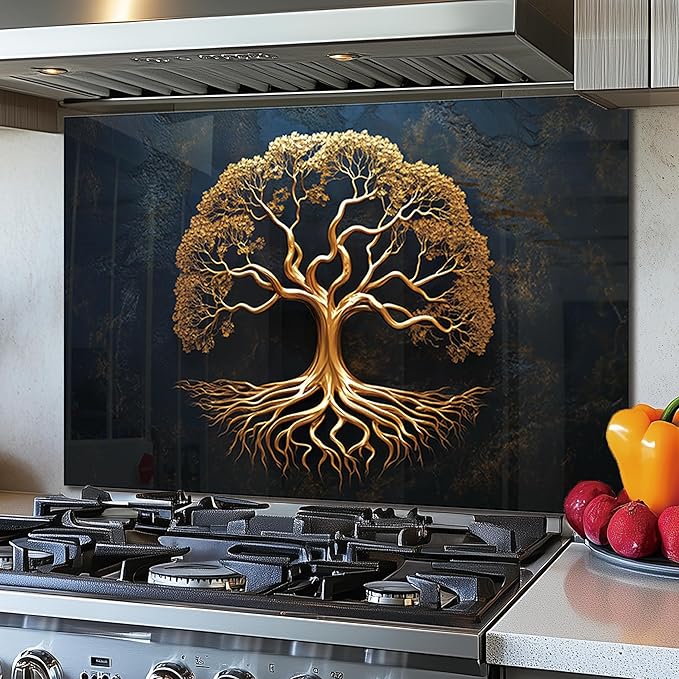 DAIFURONGE Tempered Glass Backsplash for Kitchen, Tree of Life Art Stove Backsplash Protector - Easy to Clean Wall Decor (Art Deco 1, 30"x30"(76.2x76.2cm))