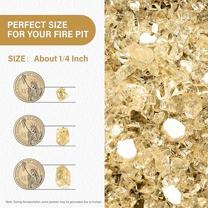NUPICK 10 Pound Fire Glass, 1/4 Inch Reflective Fire Pit Glass, Tempered Firepit Glass Rock for Propane or Natural Gas, Glass Rocks for Fire Pit Table, Fireplace Glass for Landscaping, Gold