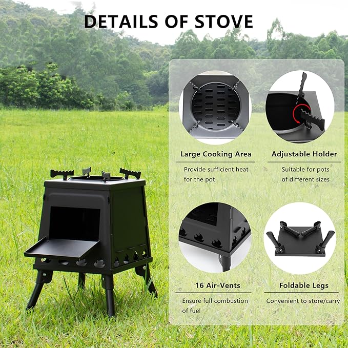 Wood Burning Stove, Portable Camping Wood Stove, Backpacking Folding Tent Heater, Small Outdoor Camp Stove with Carrying Bag, for Cooking Heating Picnic hiking BBQ Travel RV