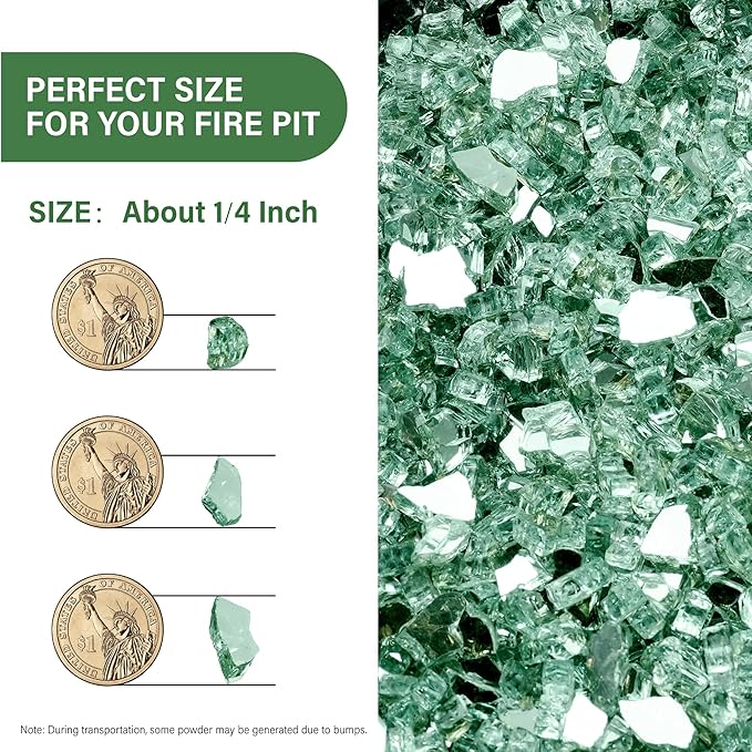 NUPICK 20 Pound Fire Glass, 1/4 Inch Reflective Fire Pit Glass, Tempered Firepit Glass Rock for Propane or Natural Gas, Glass Rocks for Fire Pit Table, Fireplace Glass for Landscaping, Green