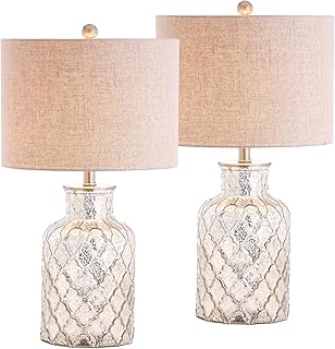 JONATHAN Y 24.5" Alvord Mercury Silver Quatrefoil Glass Table Lamp Set of 2, Contemporary Nightstand Lamps with Grey Linen Drum Shade, UL Listed, LED Bulbs Included JYL1075A-SET2