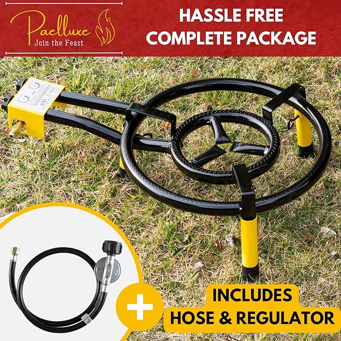 Paelluxe Paella Burner and Stand Set 16 Inch Dual Ring Propane Burner Outdoor Stove with Table Top Stand & Regulator, Portable Gas Cooker Wok Burner for Camping, Crawfish Boil Cooking Outdoor Paellera