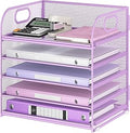 Lavatino Desk Letter Tray Paper Organizer, 5-Tier with Handle Metal Mesh Desktop File Organizer Paper Holder for Classroom Office Desk Accessories- Purple