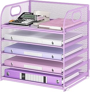 Lavatino Desk Letter Tray Paper Organizer, 5-Tier with Handle Metal Mesh Desktop File Organizer Paper Holder for Classroom Office Desk Accessories- Purple