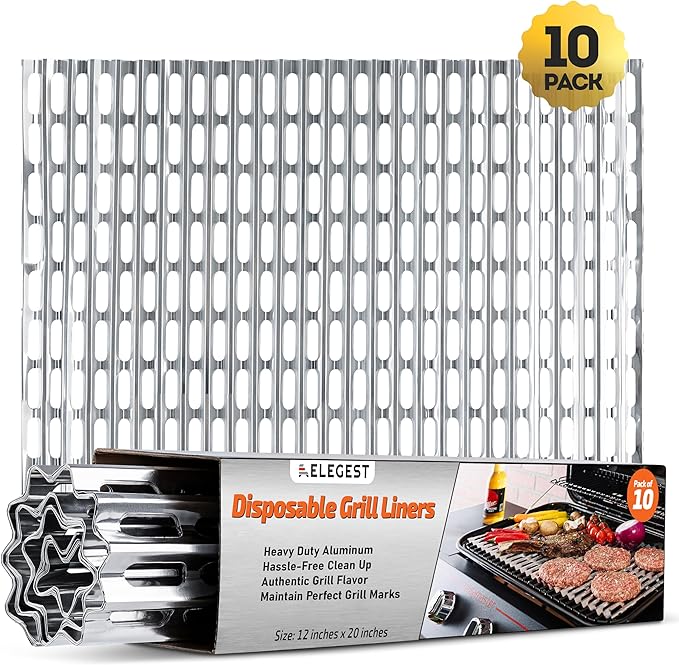 Disposable Aluminum Grill Liners & Grill Toppers | Heavy-Duty, Tear & Heat Resistant BBQ Sheets | Perfect for Public Park Grills, Outdoor BBQ, Camping & Tailgating | 12 x 20 Size, 10-Pack