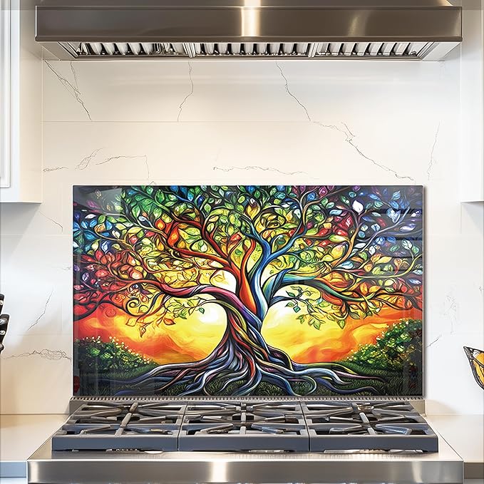 fzxwyishu Tree of Life,Tempered Glass Backsplash For Kitchen Behind Stove,Easy to Clean Kitchen Sink Cover Splash Guard, Home Kitchen Décor (color, 30"x18"(76.2x45.72cm))