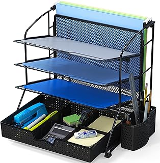 Simple Houseware Desktop Document Tray Organizer with Sliding Drawer, Caddy, Hanging File Section, Black