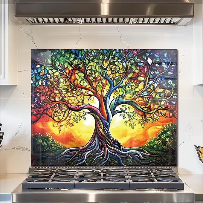 fzxwyishu Tree of Life,Tempered Glass Backsplash For Kitchen Behind Stove,Easy to Clean Kitchen Sink Cover Splash Guard, Home Kitchen Décor (color, 30"x24"(76.2x60.96cm))