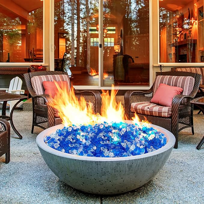 Mr. Fireglass Crushed Fire Glass for Natural or Propane Fire Pit, 10 Pounds Decorative Recycled Fireplace Glass Rocks for Fire Pit Fireplace and Landscaping, High Luster Sea Blue and Ice Clear
