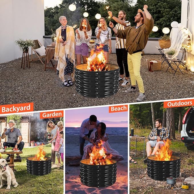YSEJOMP 32 Inch Round Galvanized Fire Pit Ring/Fire Ring - Foldable and Perfect for Outdoor Gatherings and Campfires in The Yard/Garden/Park/Beach (Black+Gray, 2.7 FT Diameter+1.5 FT Tall)