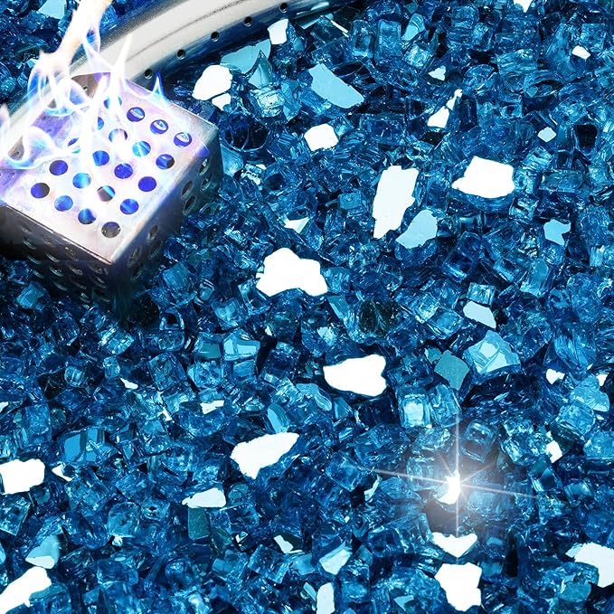NUPICK 20 Pound Fire Glass, 1/4 Inch Reflective Fire Pit Glass, Tempered Firepit Glass Rock for Propane or Natural Gas, Glass Rocks for Fire Pit Table or Fireplace, Pacific Blue Reflective