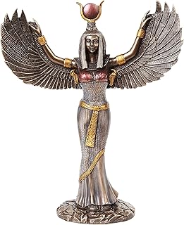 Egyptian Theme Isis Mythological Bronze Finish Figurine With Open Wings Goddess of Magic Statue Sculpture