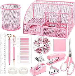 Fayoo 11 Pcs Pink Office Supplies Set Mesh Desk Organizer Accessories Kit include Stapler Tape Dispenser Staple Remover Clips Ruler Scissors Sticky Notes for Office School Home Women (Pink)