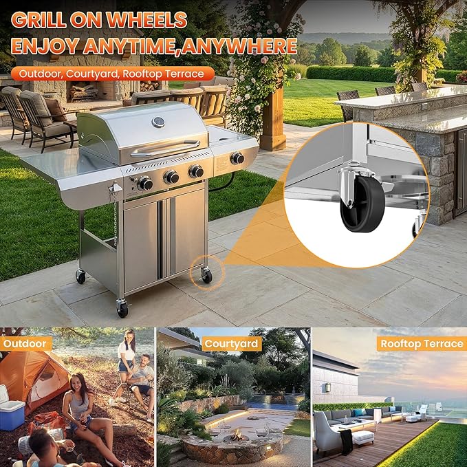 Premium 3-Burner Propane Gas Grill with Side Burner | 34,000 BTU Stainless Steel Outdoor BBQ Grill with Thermometer & Casters for Patio, Camping, Backyard Parties