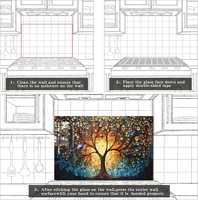 fzxwyishu Tree of Life,Tempered Glass Backsplash For Kitchen Behind Stove,Easy to Clean Kitchen Sink Cover Splash Guard, Home Kitchen Décor (blue, 30"x18"(76.2x45.72cm))