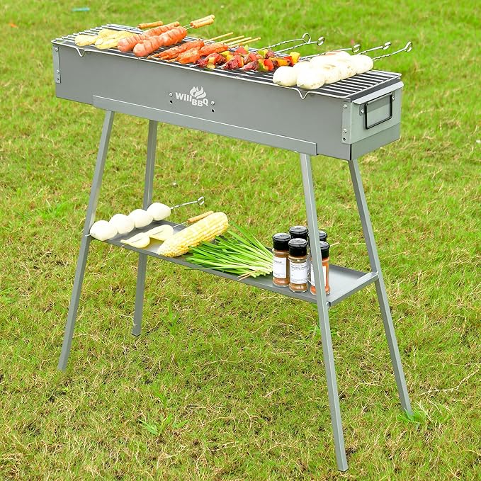 WILLBBQ Charcoal Grills Commercial Quality Portable Hibachi BBQ Lamb Skewer Detachable‌ Camping Barbecue Grill for Backyard Outdoor Cooking Use(31.6x7.1x5.1 inch With Accessories)