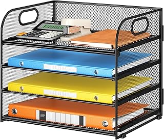 Lavatino Paper Organizer for Desk, 4-Tier Desk Organizer Tray, Mesh Desktop File Organizers with Handle, Office Classroom Organization and Storage-Black