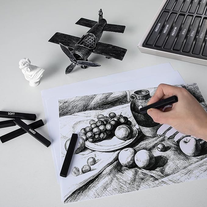 24 Pcs Compressed Charcoal Sticks with Soft, Medium, Hard and White Charcoal, Square Vine Charcoal Stick Kit for Drawing, Sketching and Shading, Art Supplies for Artists Beginners