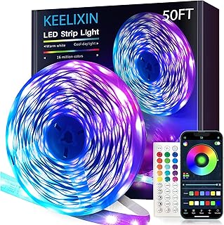 KEELIXIN LED Lights Music Sync RGB LED Strip Lights with APP & Remote Control (50ft)