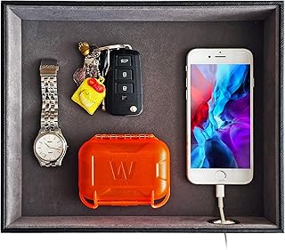 Valet Tray with Charging Station - PU Leather Nightstand Organizer for Men and Women, Desk Catchall Tray for Keys, Jewelry