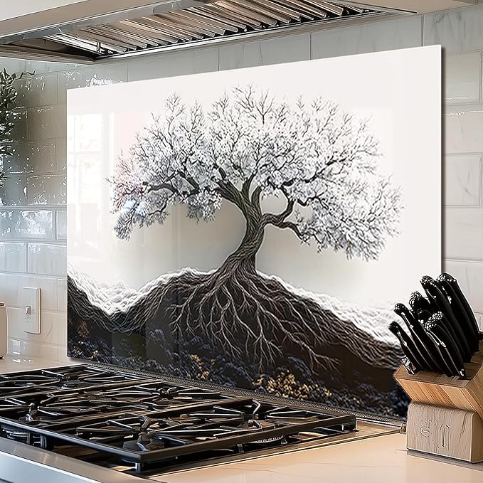fzxwyishu Tree of Life,Tempered Glass Backsplash For Kitchen Behind Stove,Easy to Clean Kitchen Sink Cover Splash Guard, Home Kitchen Décor (White, 30"x20"(76.2x50.8cm))