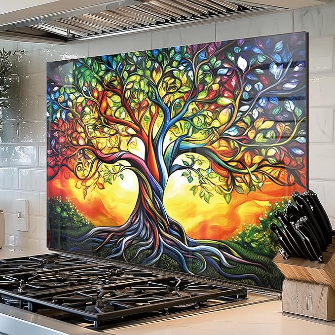 fzxwyishu Tree of Life,Tempered Glass Backsplash For Kitchen Behind Stove,Easy to Clean Kitchen Sink Cover Splash Guard, Home Kitchen Décor (color, 30"x20"(76.2x50.8cm))