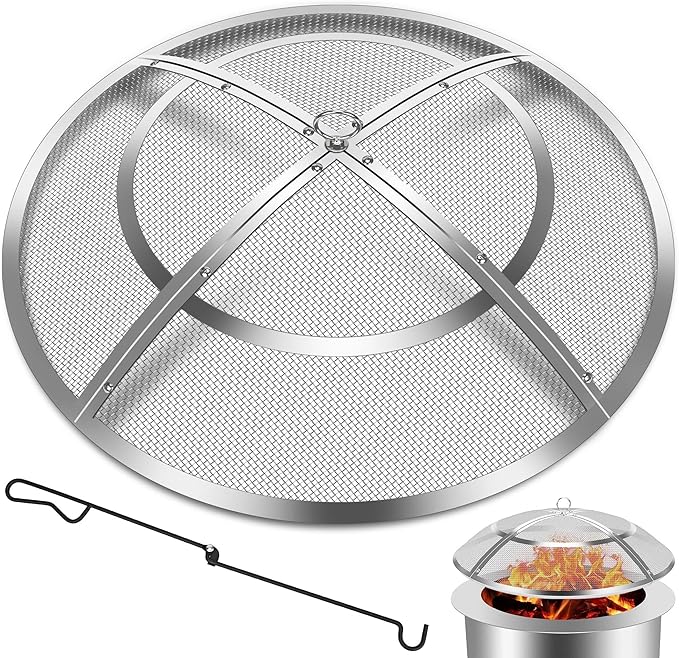Fire Pit Spark Screen,22 Inch Fire Pit Screen Cover Stainless Steel Outdoor with Handle&Poker,Firepit Screens Cover Round Mesh Lid Heavy-Duty Steel Replacement for Backyard/Beach/RV Camping