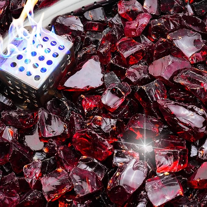 NUPICK 10 Pound Fire Glass, 1/2 Inch Shiny Fire Pit Glass, Tempered Firepit Glass Rock for Propane or Natural Gas, Glass Rocks for Fire Pit Table, Fireplace Glass for Landscaping, Red