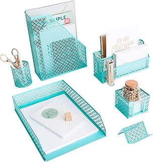 BLU MONACO Aqua - Teal 6 Piece Cute Desk Organizer Set - Desk Organizers and Accessories for Women - Cute Office Desk Accessories - Desktop Organization