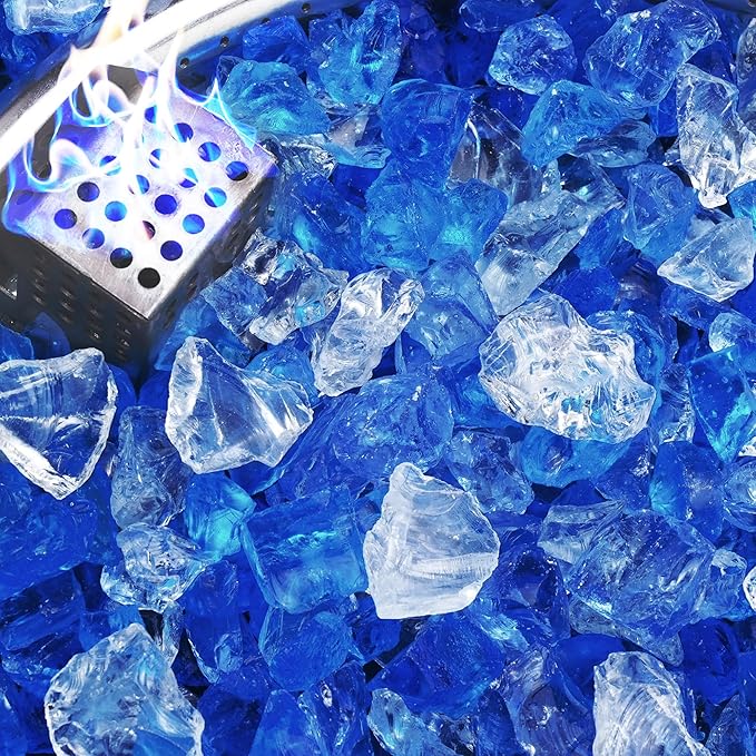 NUPICK Fire Glass - 20 Pound Mixed Bahama Blend for Fire Pit & Gas Fireplace, 1/2-3/4 Inch Tempered Glass Rock in Blue and White
