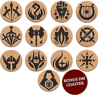 HQ Cork DND Coasters - Set of 12 Class +1 DM Icon Coasters - Great Nerdy Gift for D&D Players, Gamers, DM, Men or Women- Dungeons & Dragons Accessories for Home Decor, Mugs, Drinks, Table Decoration