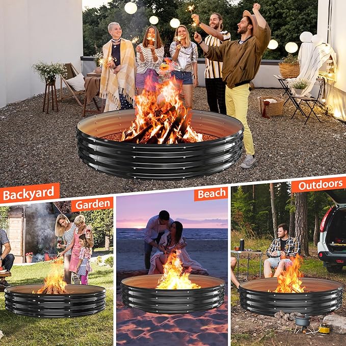 YSEJOMP 72 Inch Round Galvanized Fire Pit Ring/Fire Ring - Foldable and Perfect for Outdoor Gatherings and Campfires in The Yard/Garden/Park/Beach (Black+Gray, 6 FT Diameter+1 FT Tall)