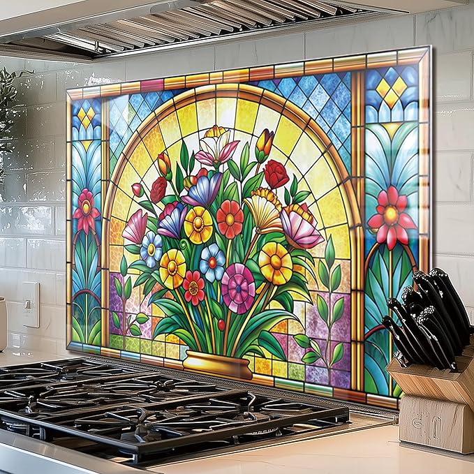 fzxwyishu Tempered Glass Backsplash for Kitchen,Stove Splashback Protector Mosaic Window Design | Heat-Resistant Splash Board, Kitchen Wall Decoration