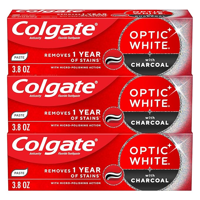 Colgate Optic White with Charcoal Teeth Whitening Toothpaste, Anticavity Toothpaste with Fluoride, Cool Mint Flavor, 3 Pack, 3.8 OZ