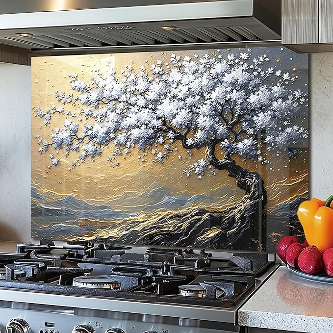 DAIFURONGE Tempered Glass Backsplash for Kitchen, Tree of Life Art Stove Backsplash Protector - Easy to Clean Wall Decor (Art Deco 4, 30"x16"(76.2x40.64cm))