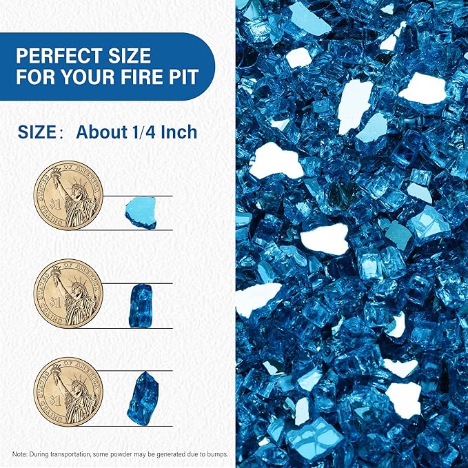 NUPICK 10 Pound Fire Glass, 1/4 Inch Reflective Fire Pit Glass, Tempered Firepit Glass Rock for Propane or Natural Gas, Glass Rocks for Fire Pit Table or Fireplace, Pacific Blue Reflective