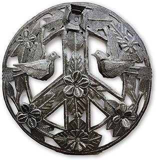 It's Cactus Peace Sign Metal Wall Art Handmade Haitian Plaque 11 Inch Round Living Flowers & Birds Design, Rustic Handmade Wall Hanging Gift