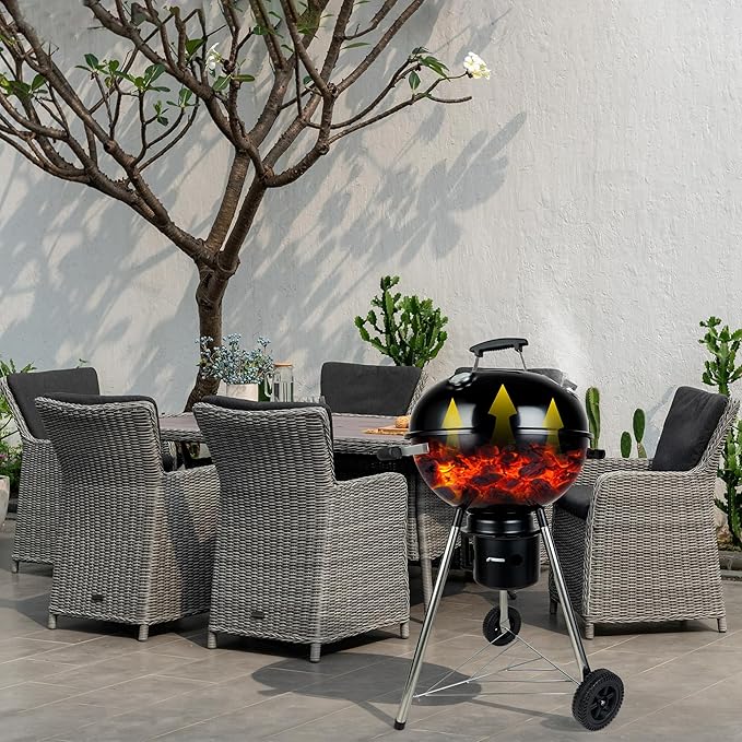 Charcoal Grills 18 inches Kettle Grill with Lid&Large Ash Collector,Outdoor Barbecue Grill for Camping/Garden/Party/Poolside